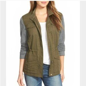 Caslon Zip Up Utility Jacket with Mixed Media Knit Sleeves Gray Green
